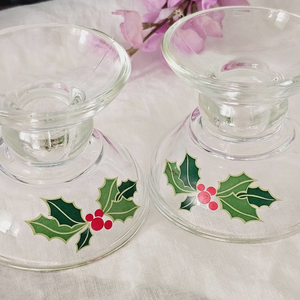 2pc Avon Holiday Hostess Glass Candle Holder Set, Holly Berry, Vintage